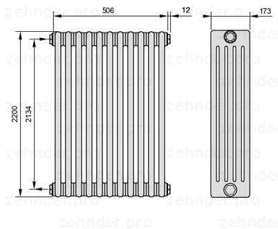 Схема (чертеж) Радиатор Zehnder Charleston 5220/11 №1270 Белый глянцевый RAL 9016